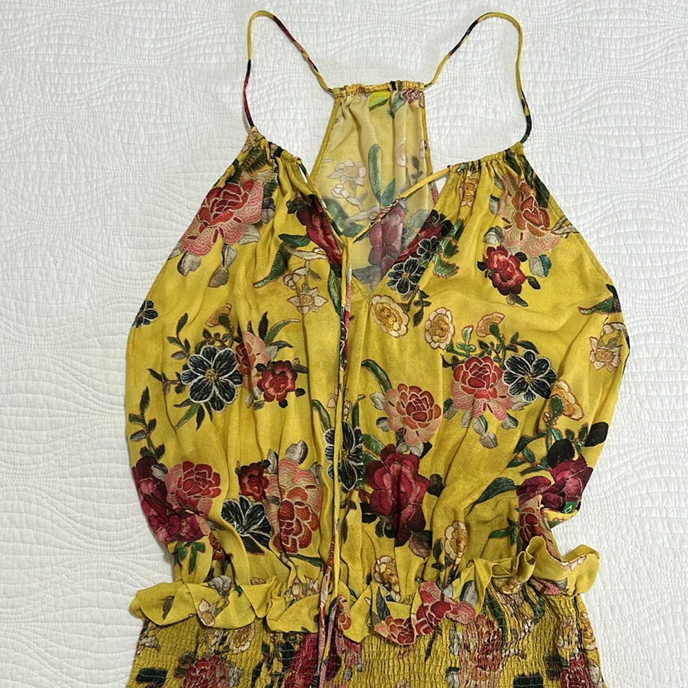 NEW FARM RIO NWOT YELLOW BLACK WHITE SMOCKED DRESS FLORAL ADJUSTABLE STRAPS - Picture 5 of 8